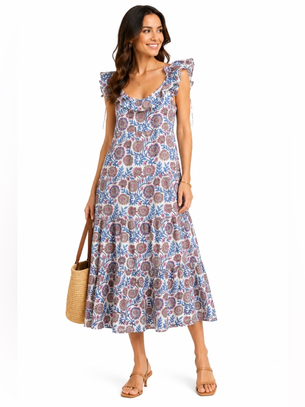J Crew Tiered Maxi Dress Floral Vine Print Ruffle Strap Square Neck Cottage